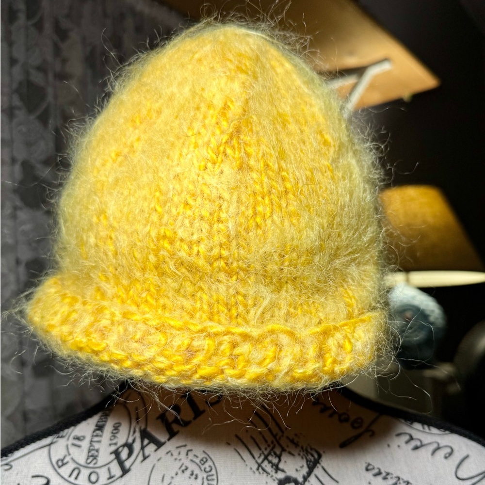 Hand Spun and Knit Bright Yellow Knitted Hat with Cozy Texture and Small Brim